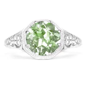 GREEN AMETHYST STERLING SILVER VINTAGE STYLE SOLITAIRE RING ART DECO FILIGREE