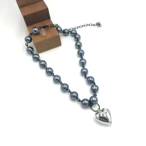 Grey Luster & Silver Heart Necklace