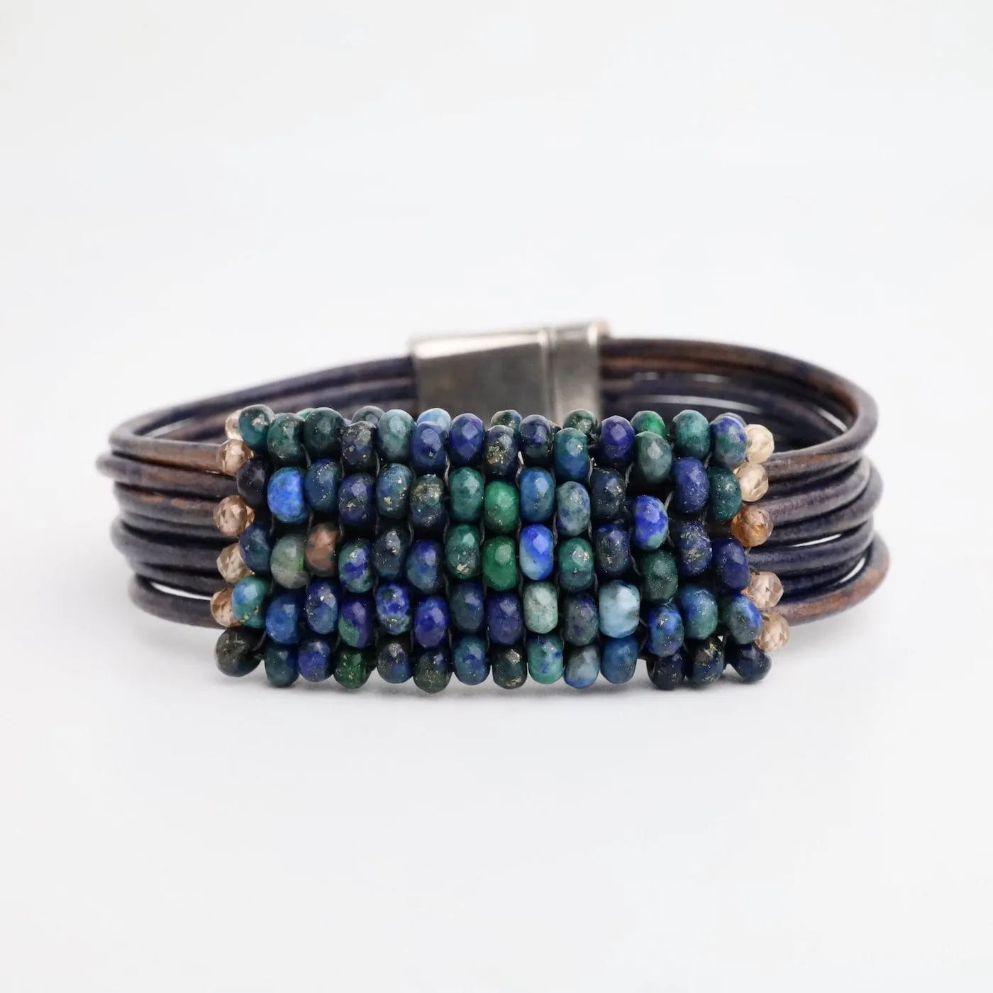 Hand Stitched Azurite with Zircon Trim on Vintage Leather Bracelet