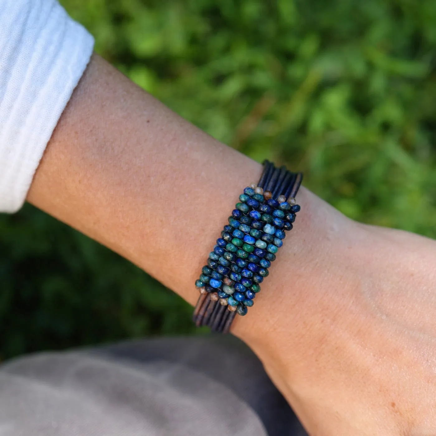 Hand Stitched Azurite with Zircon Trim on Vintage Leather Bracelet