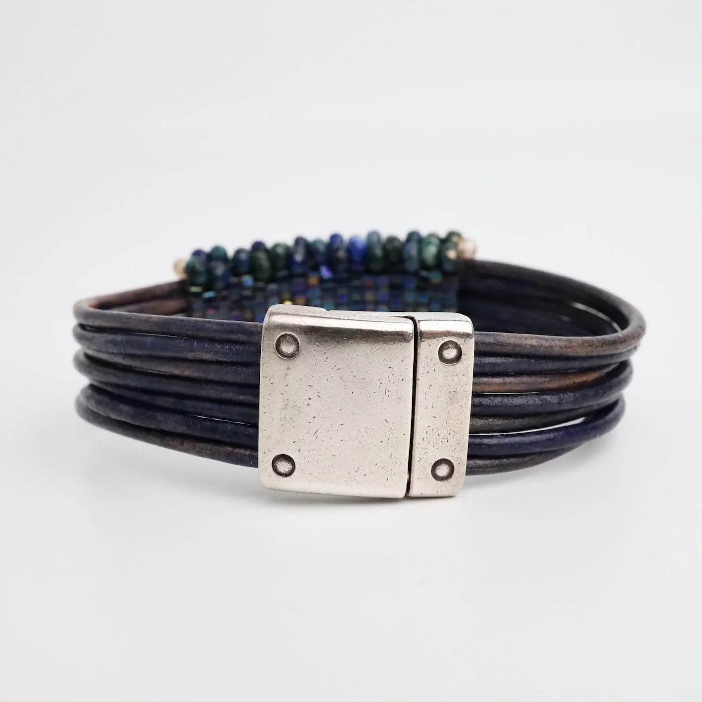 Hand Stitched Azurite with Zircon Trim on Vintage Leather Bracelet