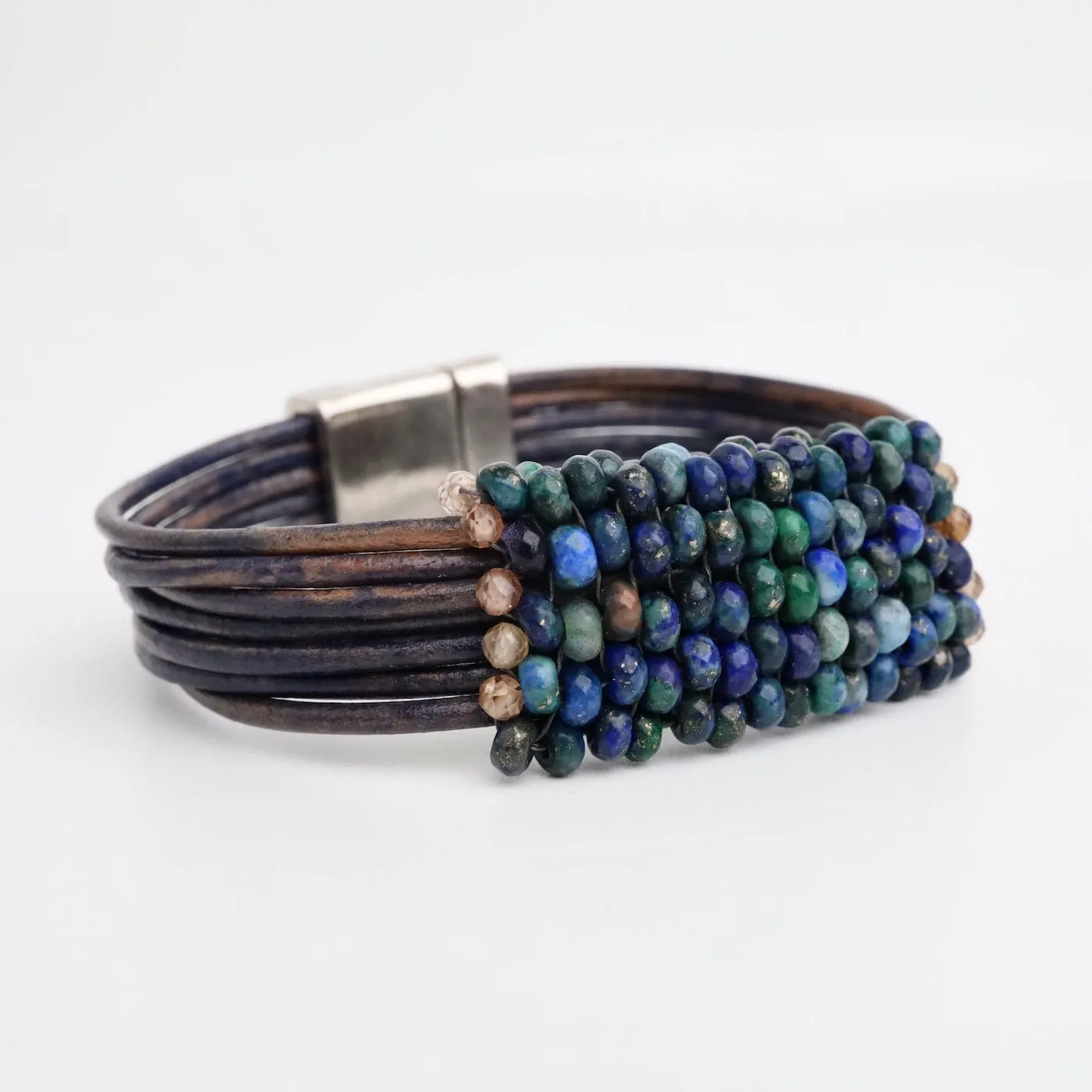 Hand Stitched Azurite with Zircon Trim on Vintage Leather Bracelet