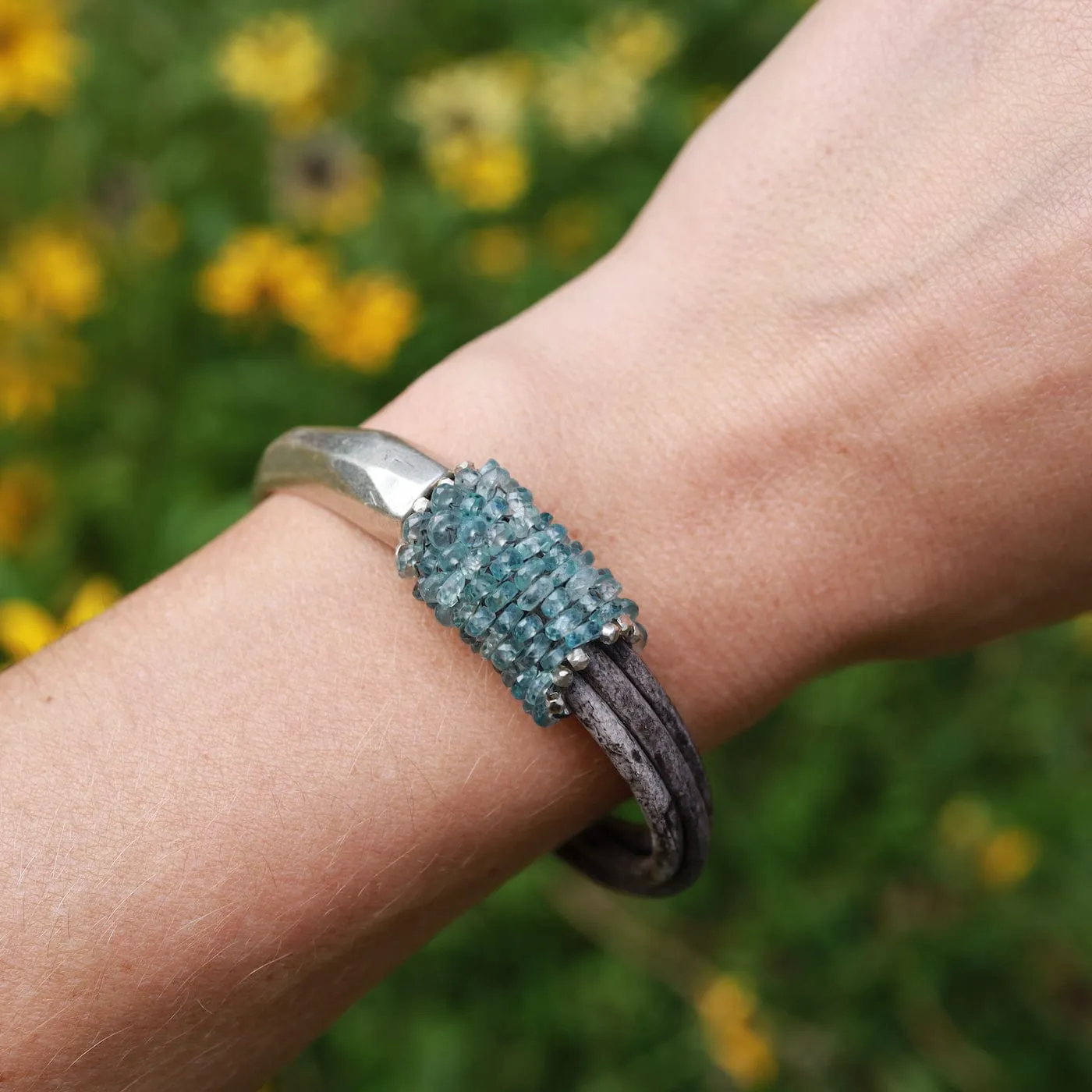 Hand Stitched Faceted Blue Zircon Bracelet