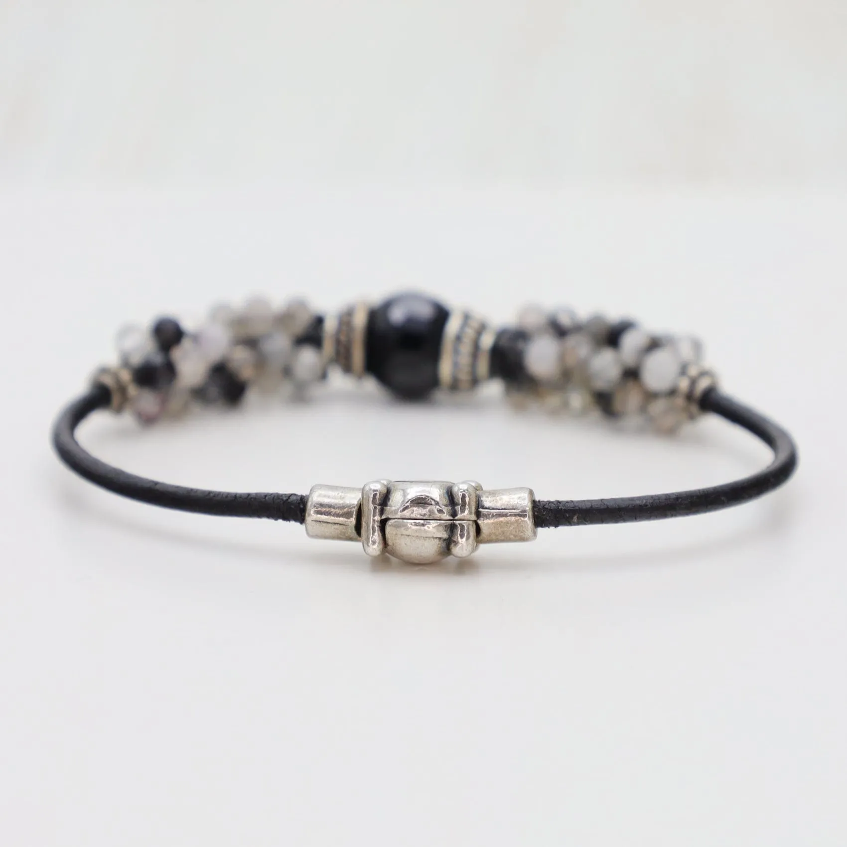 Hand Stitched Tourmalated Quartz & Large Black Onyx Bracelet