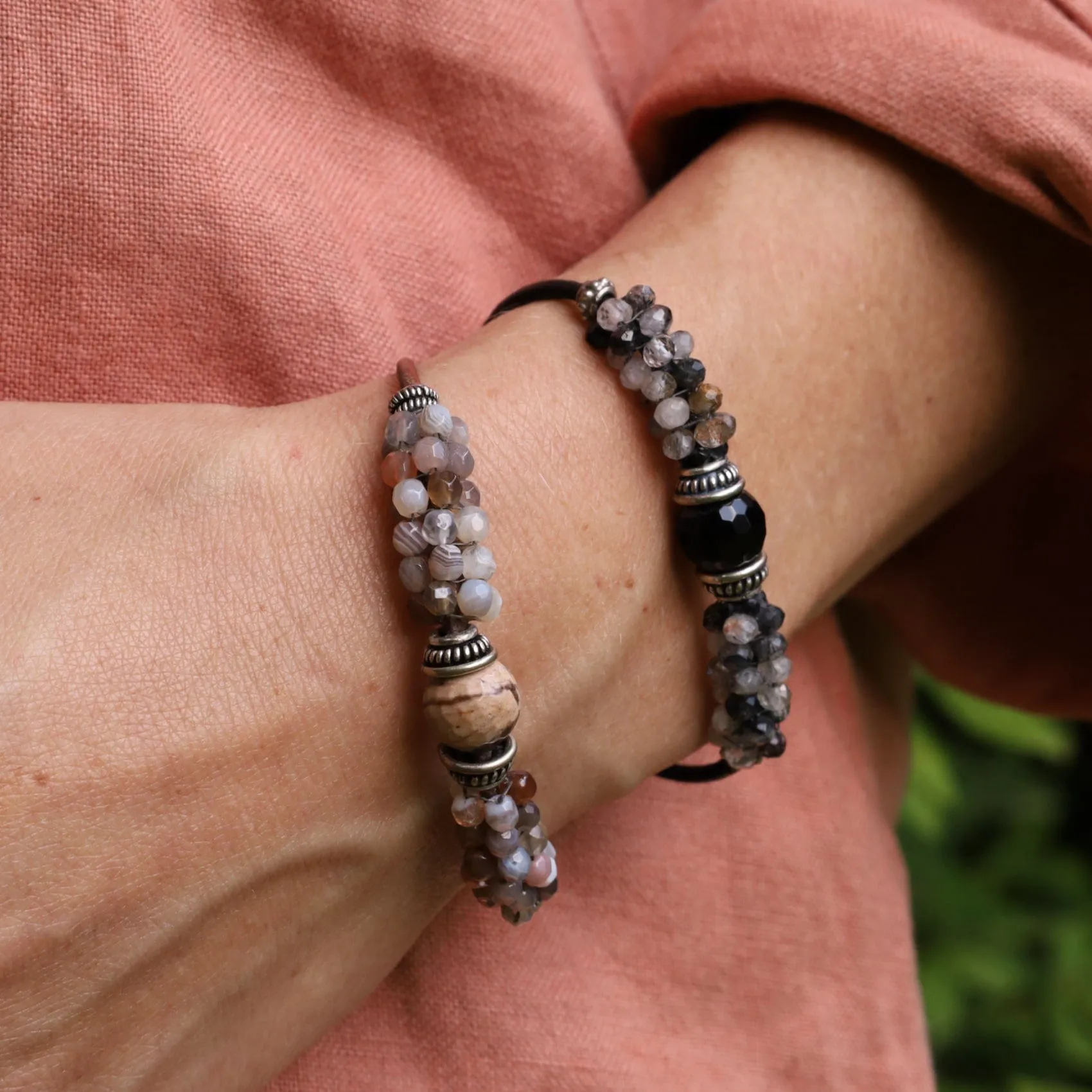 Hand Stitched Tourmalated Quartz & Large Black Onyx Bracelet