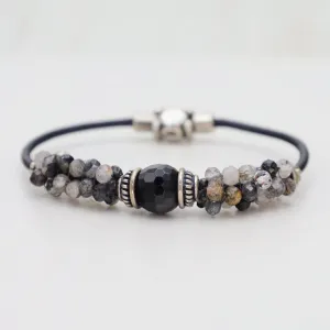 Hand Stitched Tourmalated Quartz & Large Black Onyx Bracelet