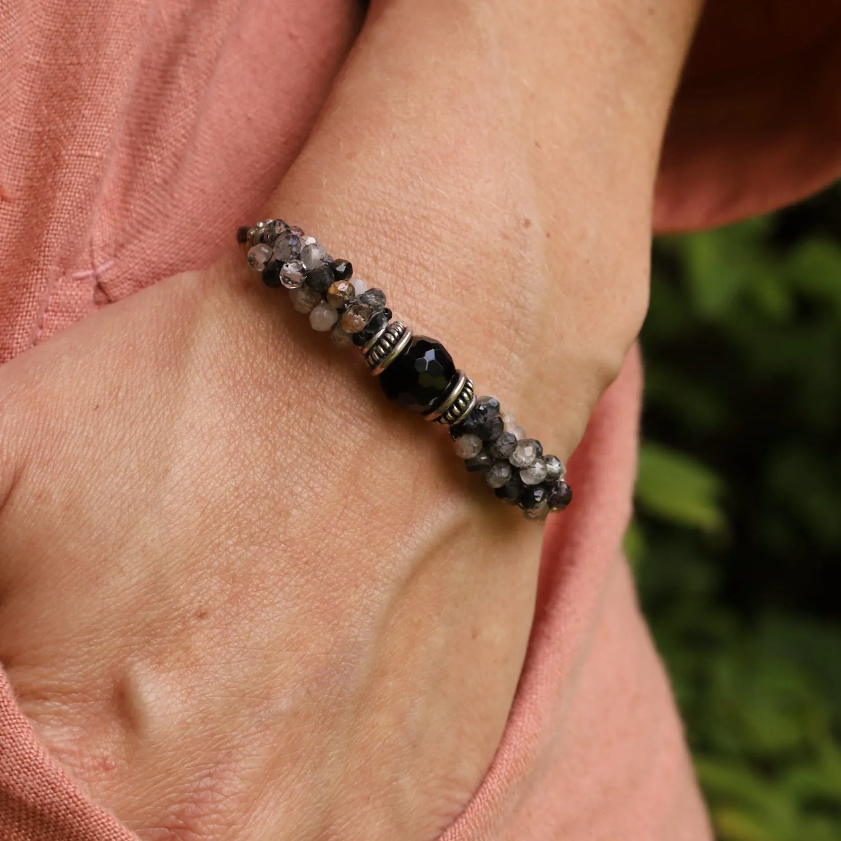 Hand Stitched Tourmalated Quartz & Large Black Onyx Bracelet