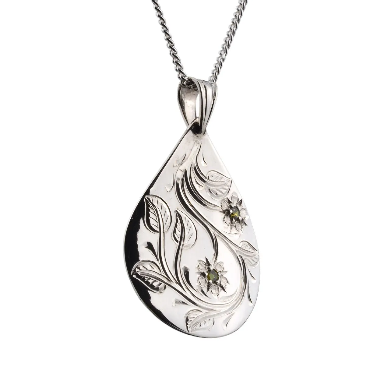 Handmade Sterling Silver Birthstone Engraved Teardrop Necklace