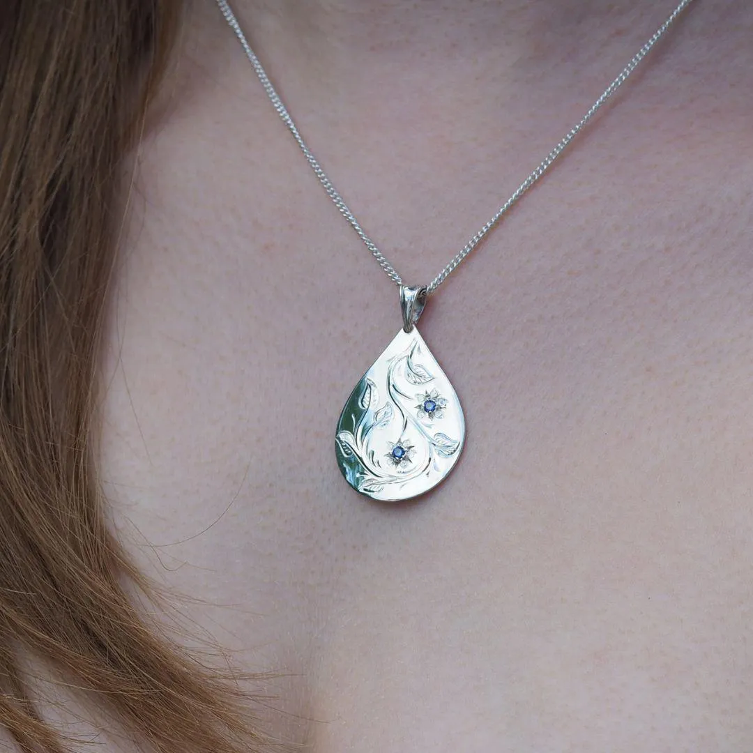 Handmade Sterling Silver Birthstone Engraved Teardrop Necklace