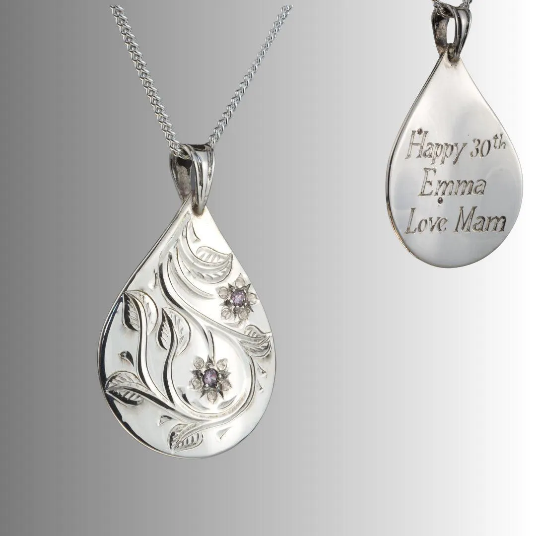 Handmade Sterling Silver Birthstone Engraved Teardrop Necklace