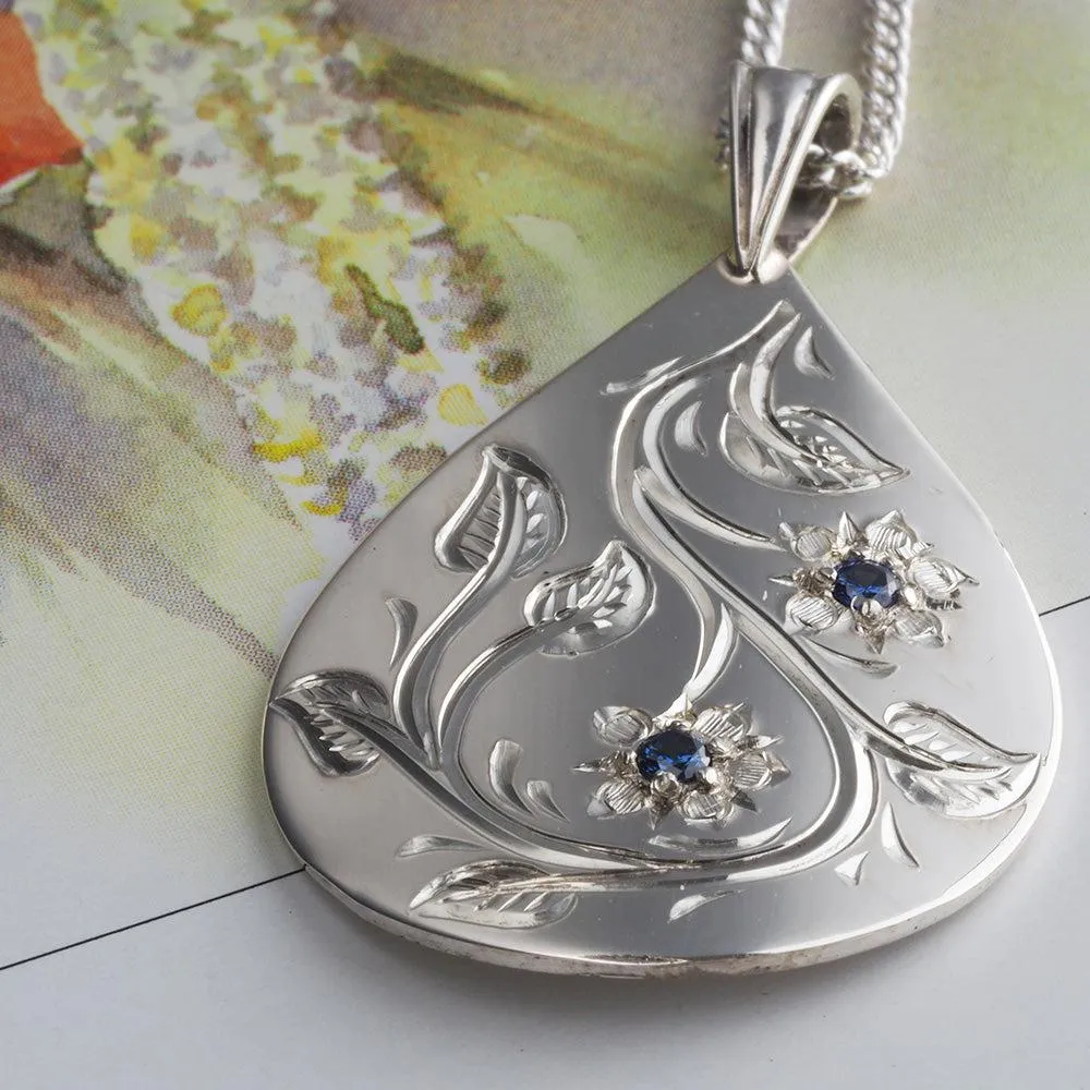 Handmade Sterling Silver Birthstone Engraved Teardrop Necklace