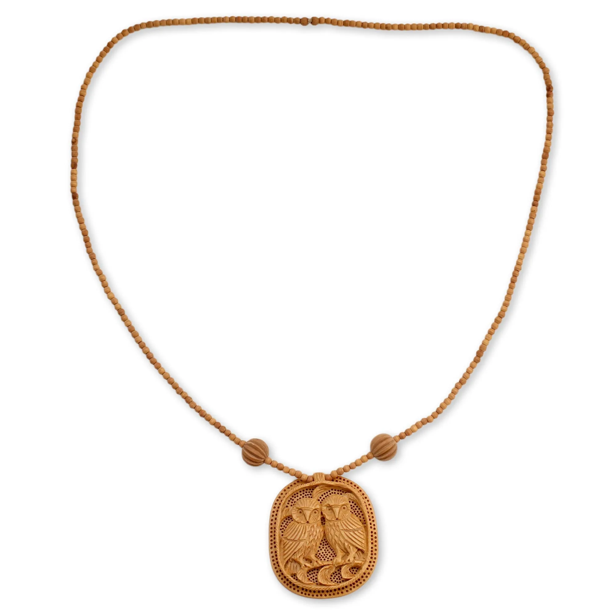 India Wood Jewelry Hand Crafted Necklace - Owl Romance | NOVICA