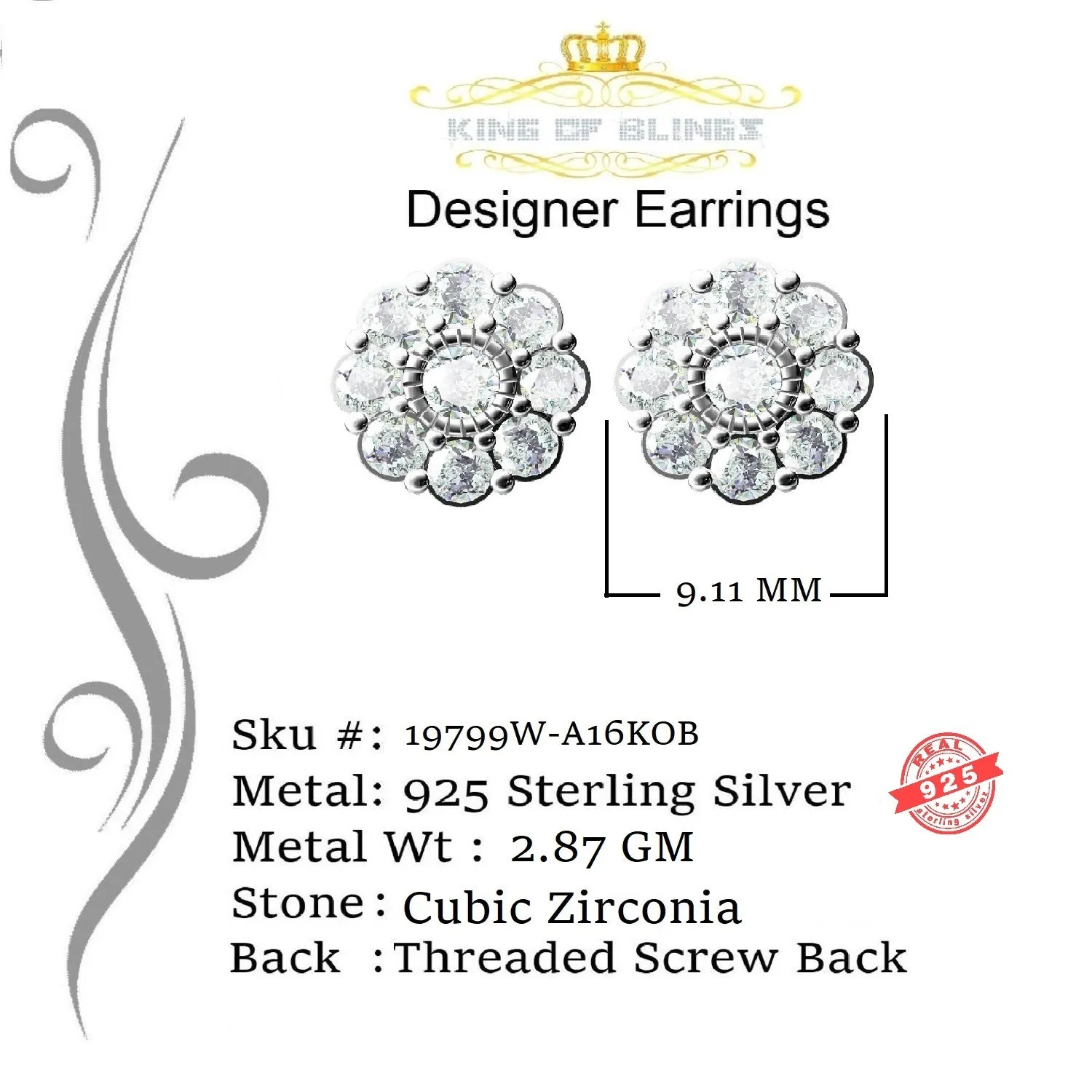 King of Blings- 925 White Sterling Silver 2.88ct Cubic Zirconia Women's Hip Hop Floral Earrings