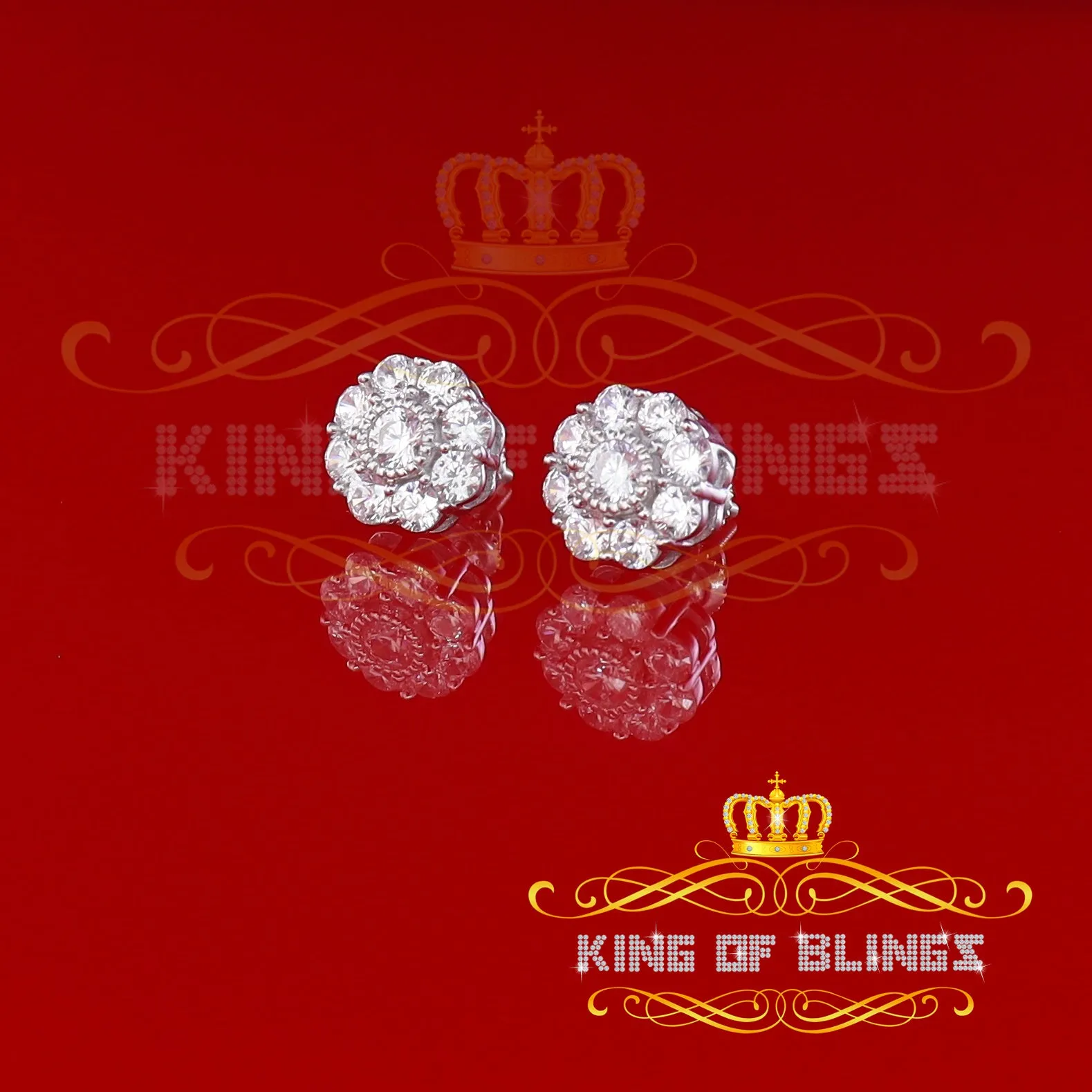 King of Blings- 925 White Sterling Silver 2.88ct Cubic Zirconia Women's Hip Hop Floral Earrings