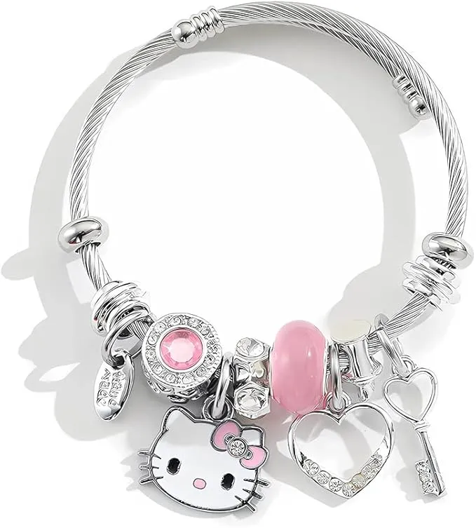 Kitty Girl Bracelet,Adjustable Cat Style Stainless Steel Bracelet, Cute Girl Friendship Bracelet (Pink)