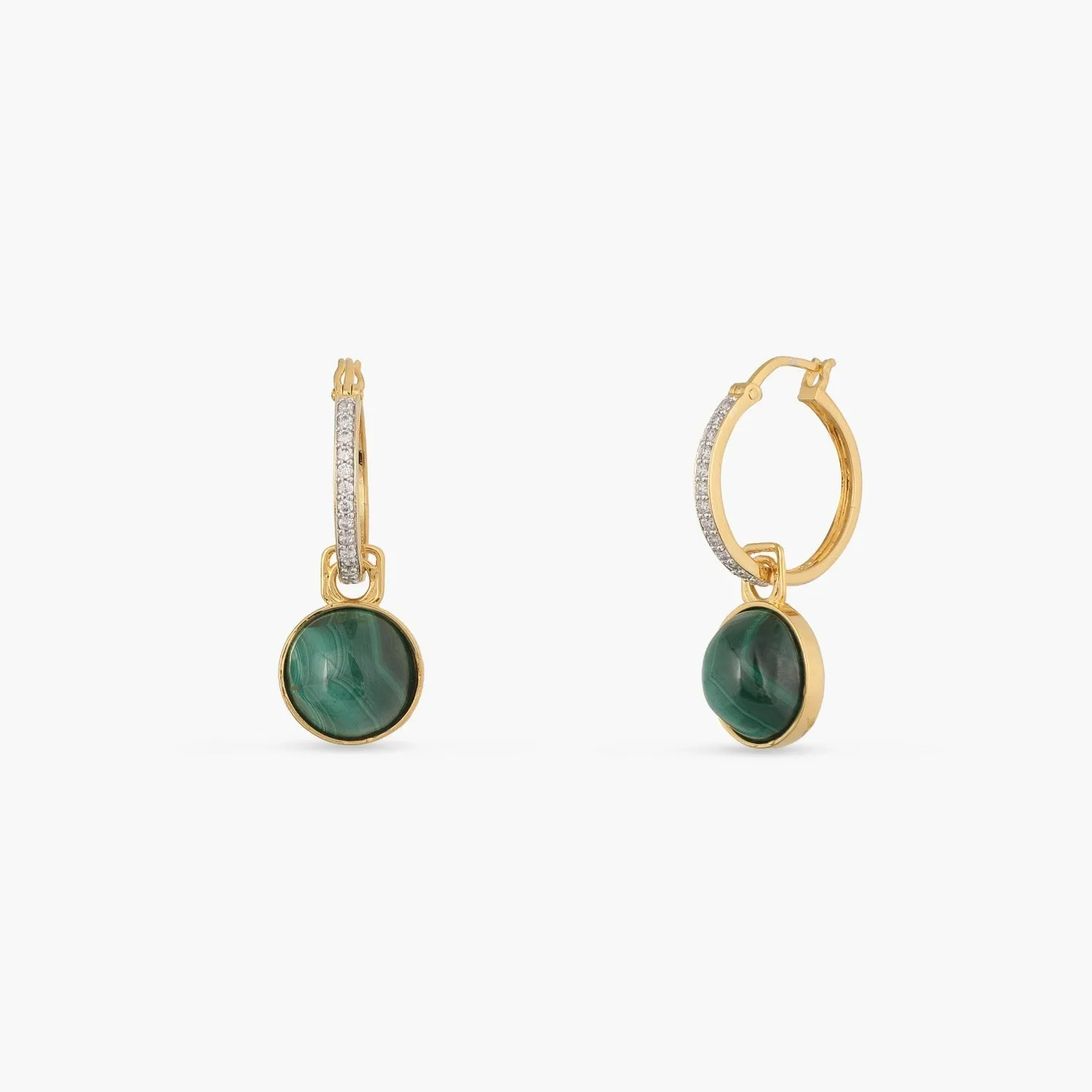 Malachite Round Charm Silver Hoop Earrings