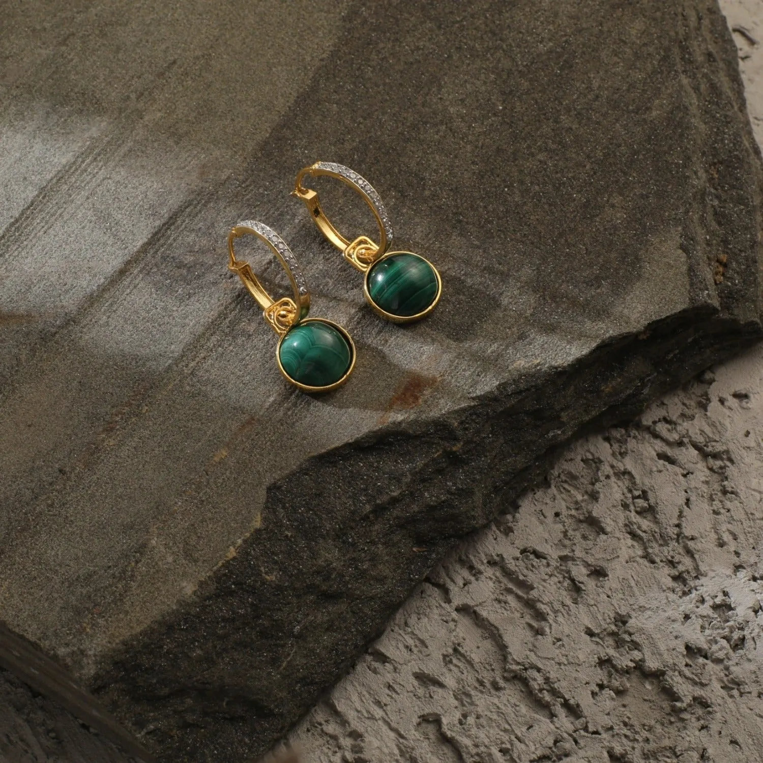 Malachite Round Charm Silver Hoop Earrings