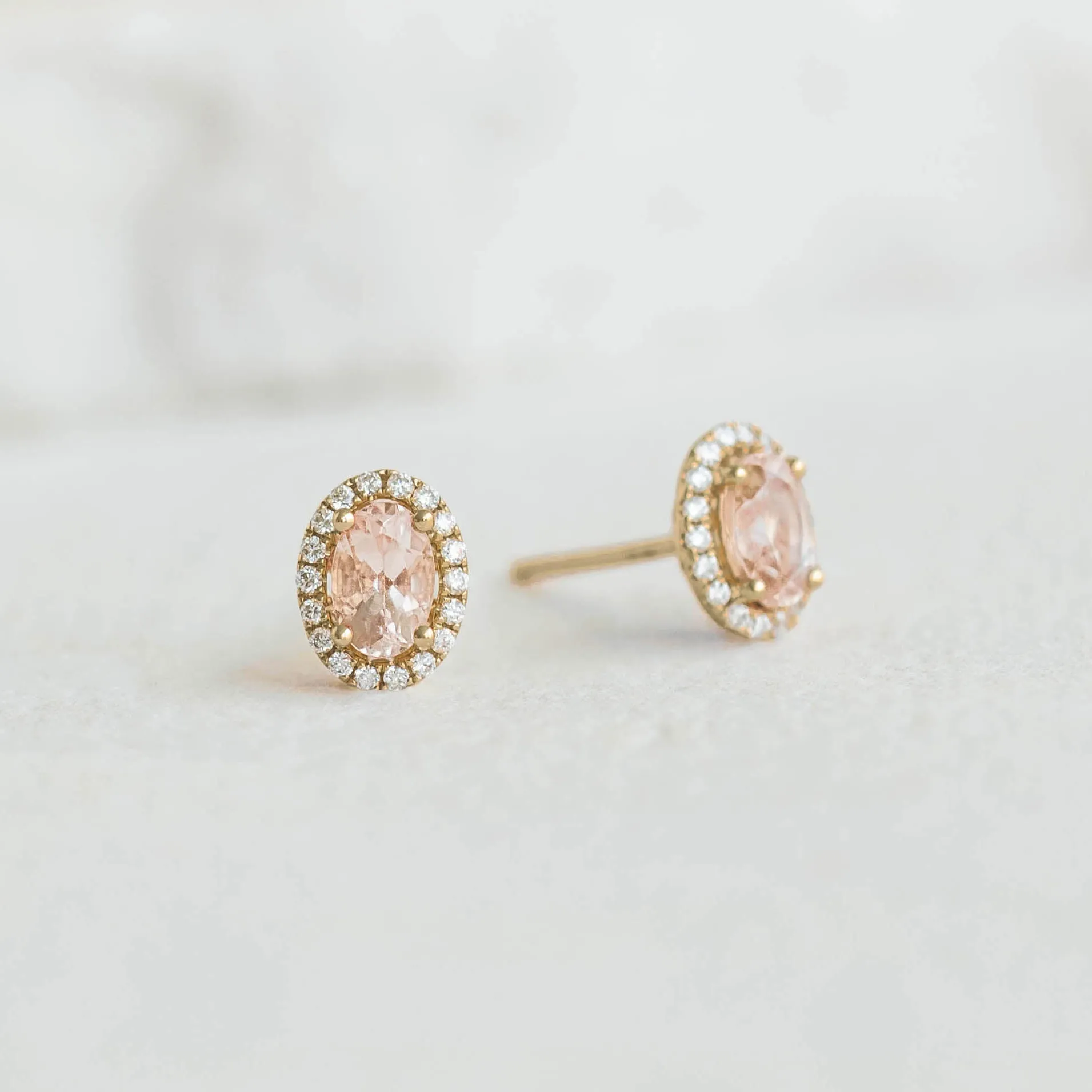 Morganite Halo Stud Earrings 14k Gold - Marzia