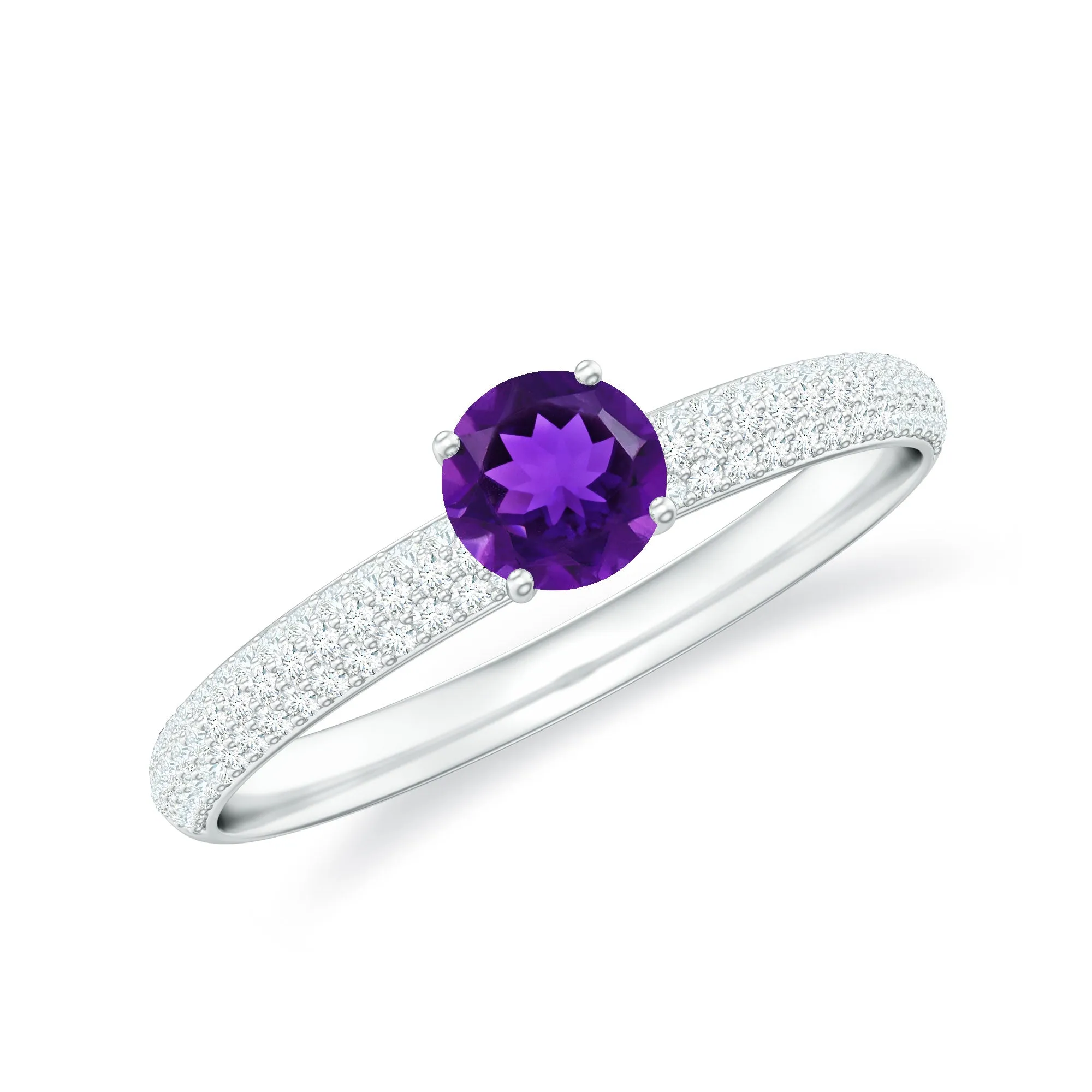 Natural Amethyst Solitaire Ring with Diamond Side Stones