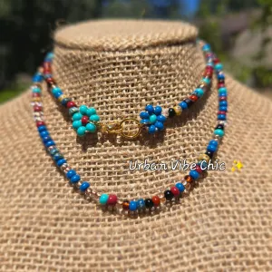 Natural Blue  Daisy Beaded Necklace |Flower Bead Bead Necklace | Urban Vibe Chic | Seed Bead Jewelry