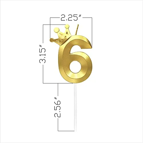 Number 6 Birthday Candle 3D Crown Designed Cake Topper Decorations for six Years Old Happy Birthday Candles Anniversaries (Crown-6, Gold)