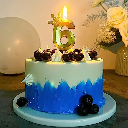 Number 6 Birthday Candle 3D Crown Designed Cake Topper Decorations for six Years Old Happy Birthday Candles Anniversaries (Crown-6, Gold)