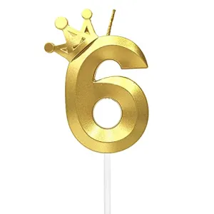 Number 6 Birthday Candle 3D Crown Designed Cake Topper Decorations for six Years Old Happy Birthday Candles Anniversaries (Crown-6, Gold)