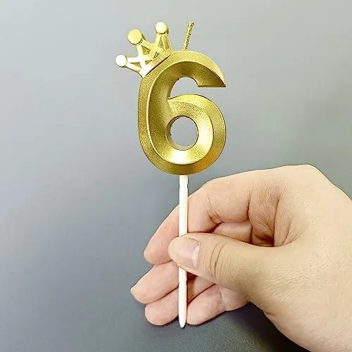 Number 6 Birthday Candle 3D Crown Designed Cake Topper Decorations for six Years Old Happy Birthday Candles Anniversaries (Crown-6, Gold)