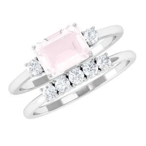 Octagon Cut Rose Quartz Contemporary Wedding Ring Set with Diamond