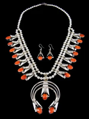 Orange Spiny Oyster Sterling Silver Squash Blossom Necklace Set