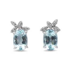 Oval Faceted Aquamarine & Diamond Set Earrings - 18ct White Gold