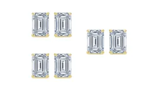 Paris jewelry 14k Yellow Gold 4mm 3Ct Emerald Cut White Sapphire Set Of Three Stud Earrings Plated