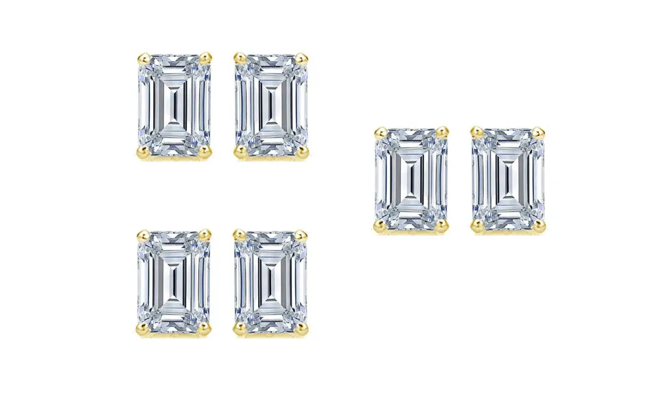 Paris jewelry 14k Yellow Gold 4mm 3Ct Emerald Cut White Sapphire Set Of Three Stud Earrings Plated