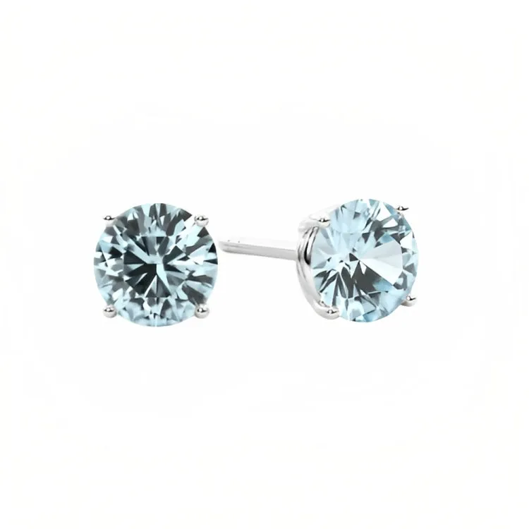 Paris Jewelry 18k White Gold 2 Pair Created Aquamarine 6mm Round & Princess Cut Stud Earrings Plated