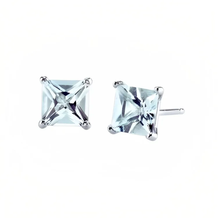 Paris Jewelry 18k White Gold 2 Pair Created Aquamarine 6mm Round & Princess Cut Stud Earrings Plated