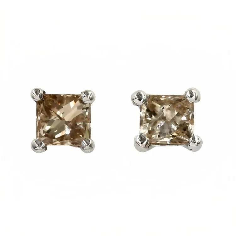 Paris Jewelry 18k White Gold 2 Pair Created Champagne 4mm, 6mm Round & Princess Cut Stud Earrings Plated