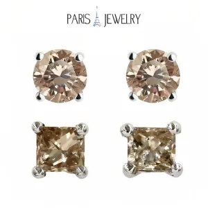 Paris Jewelry 18k White Gold 2 Pair Created Champagne 4mm, 6mm Round & Princess Cut Stud Earrings Plated