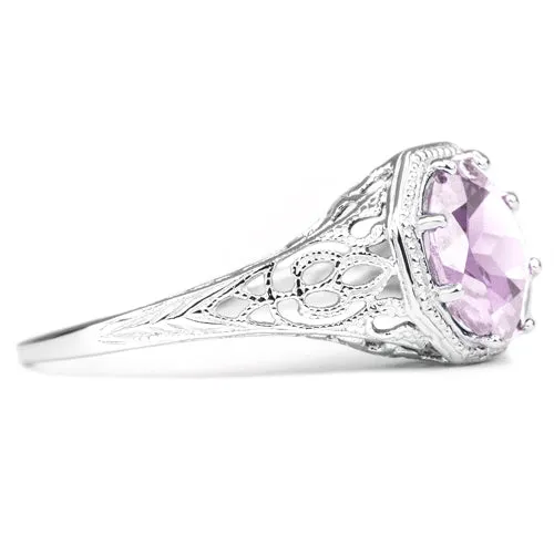 PINK AMETHYST STERLING SILVER VINTAGE STYLE SOLITAIRE RING ART DECO FILIGREE