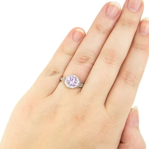 PINK AMETHYST STERLING SILVER VINTAGE STYLE SOLITAIRE RING ART DECO FILIGREE