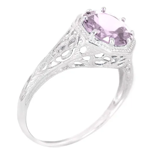 PINK AMETHYST STERLING SILVER VINTAGE STYLE SOLITAIRE RING ART DECO FILIGREE