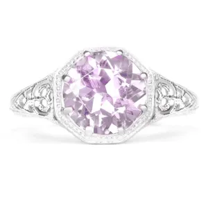 PINK AMETHYST STERLING SILVER VINTAGE STYLE SOLITAIRE RING ART DECO FILIGREE