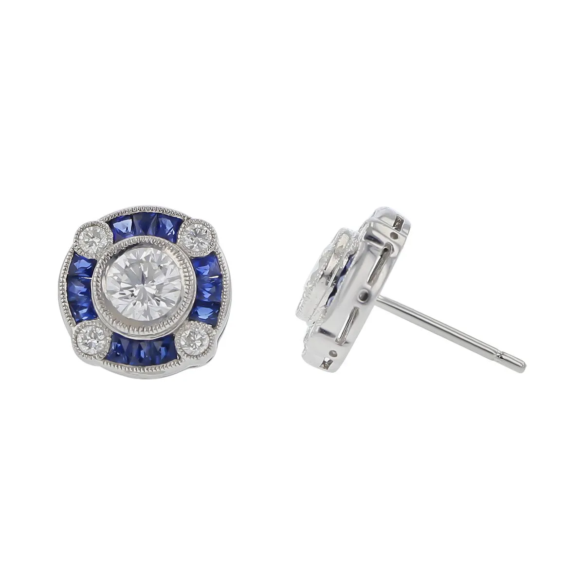 Platinum Diamond and Sapphire Halo Stud Earrings