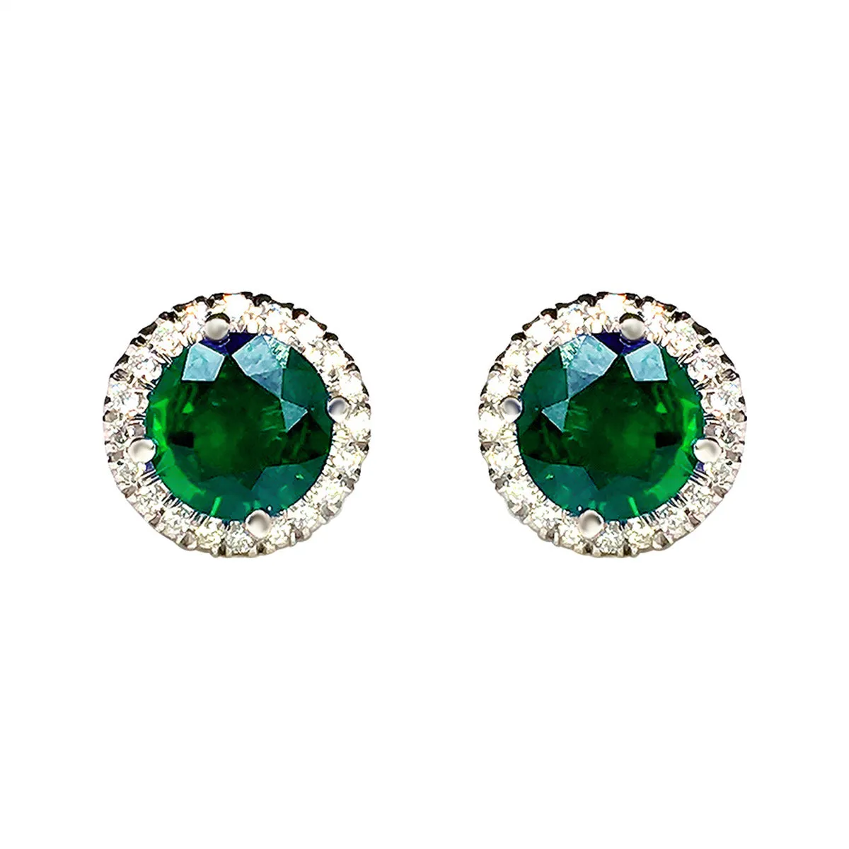 Platinum Emerald and Diamond Halo Stud Earrings