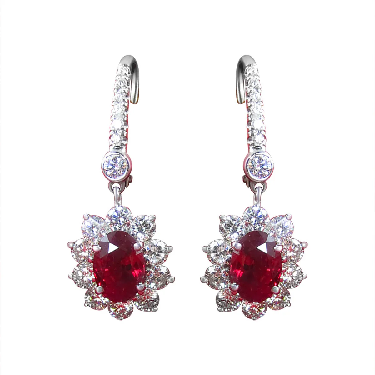 Platinum Ruby and Diamond Halo Drop Earrings