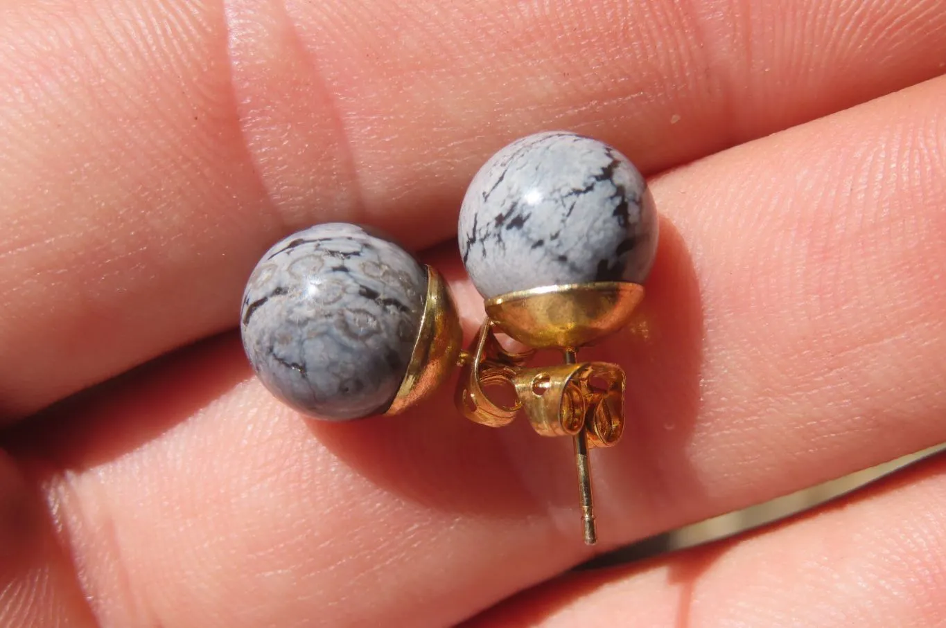 Polished Pair of Larger Snowflake Obsidian Stud Earrings - sold per Pair - From Mexico