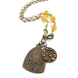 QUEEN BEE Charm Necklace with Citrine - BRONZE