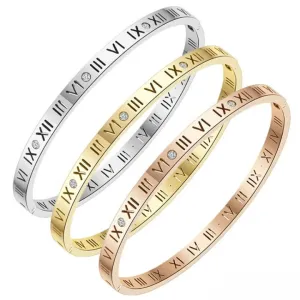 Roman Numeral with ZC Stones Handcuff Bangle Bracelet Stainless Steel, 17cm