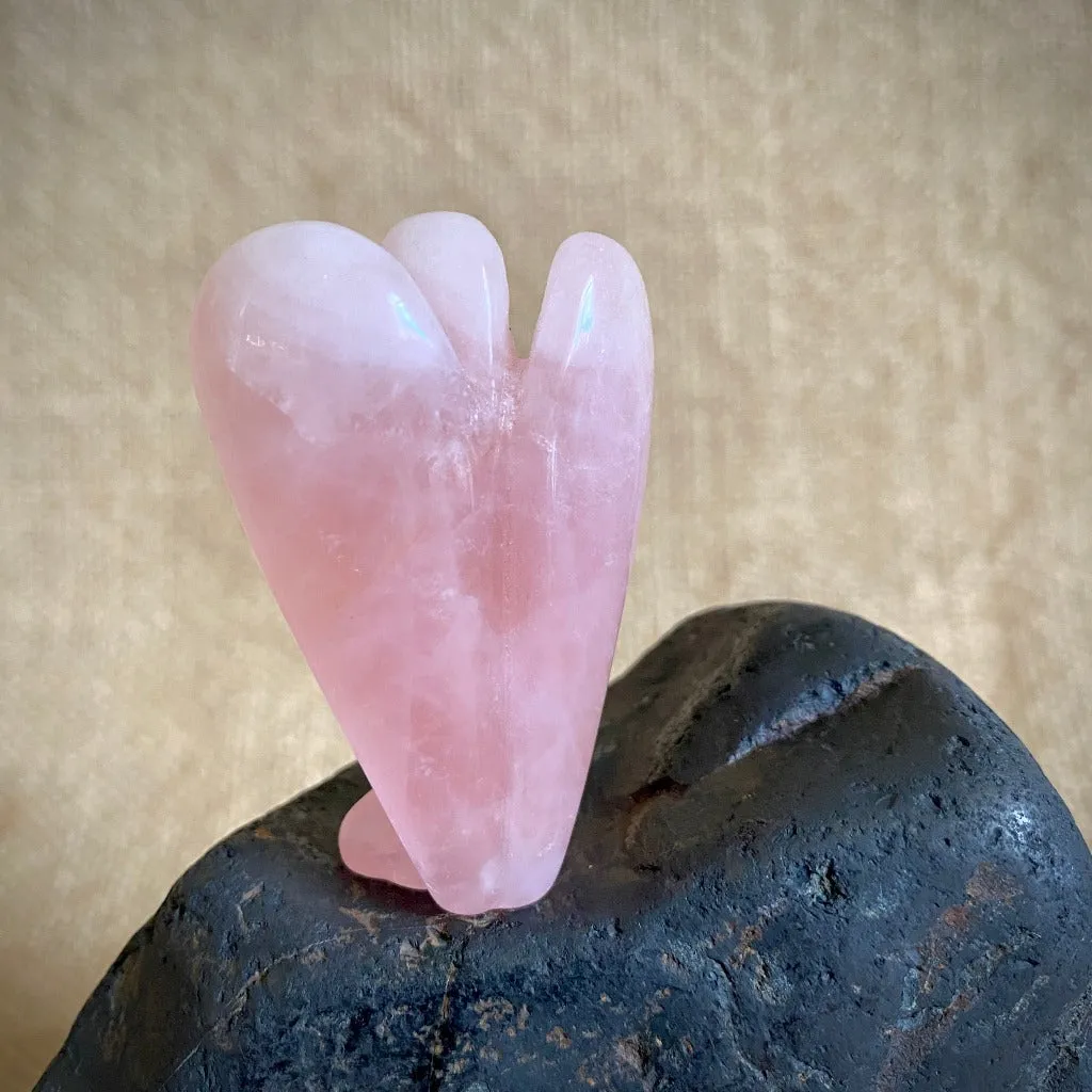 Rose Quartz Angel on Raw Rose Quartz, River Tumbled Shungite Stack