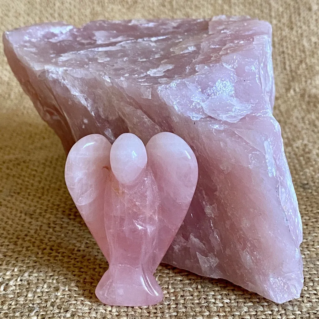 Rose Quartz Angel on Raw Rose Quartz, River Tumbled Shungite Stack