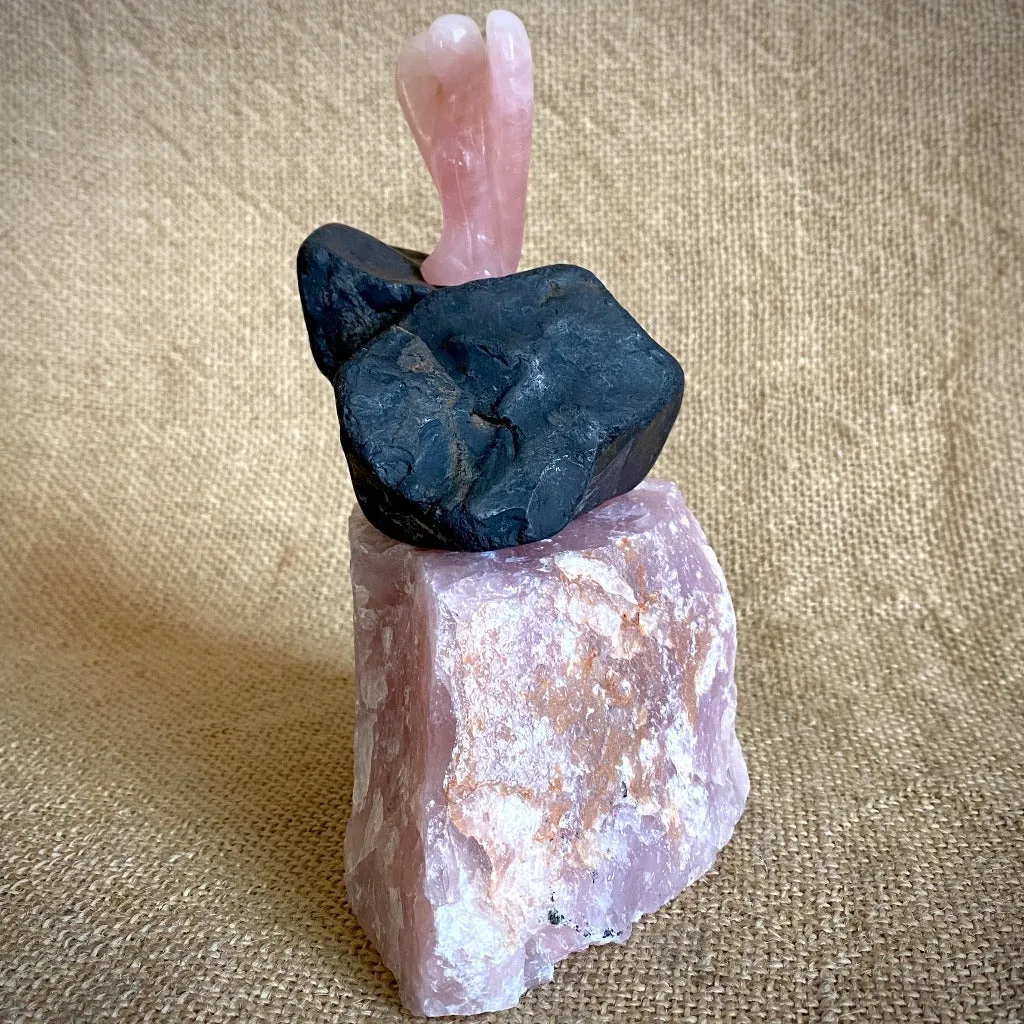 Rose Quartz Angel on Raw Rose Quartz, River Tumbled Shungite Stack